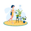 Girl florist watering potted plants and flowers. Create and care home garden. Trendy flat vector illustration.